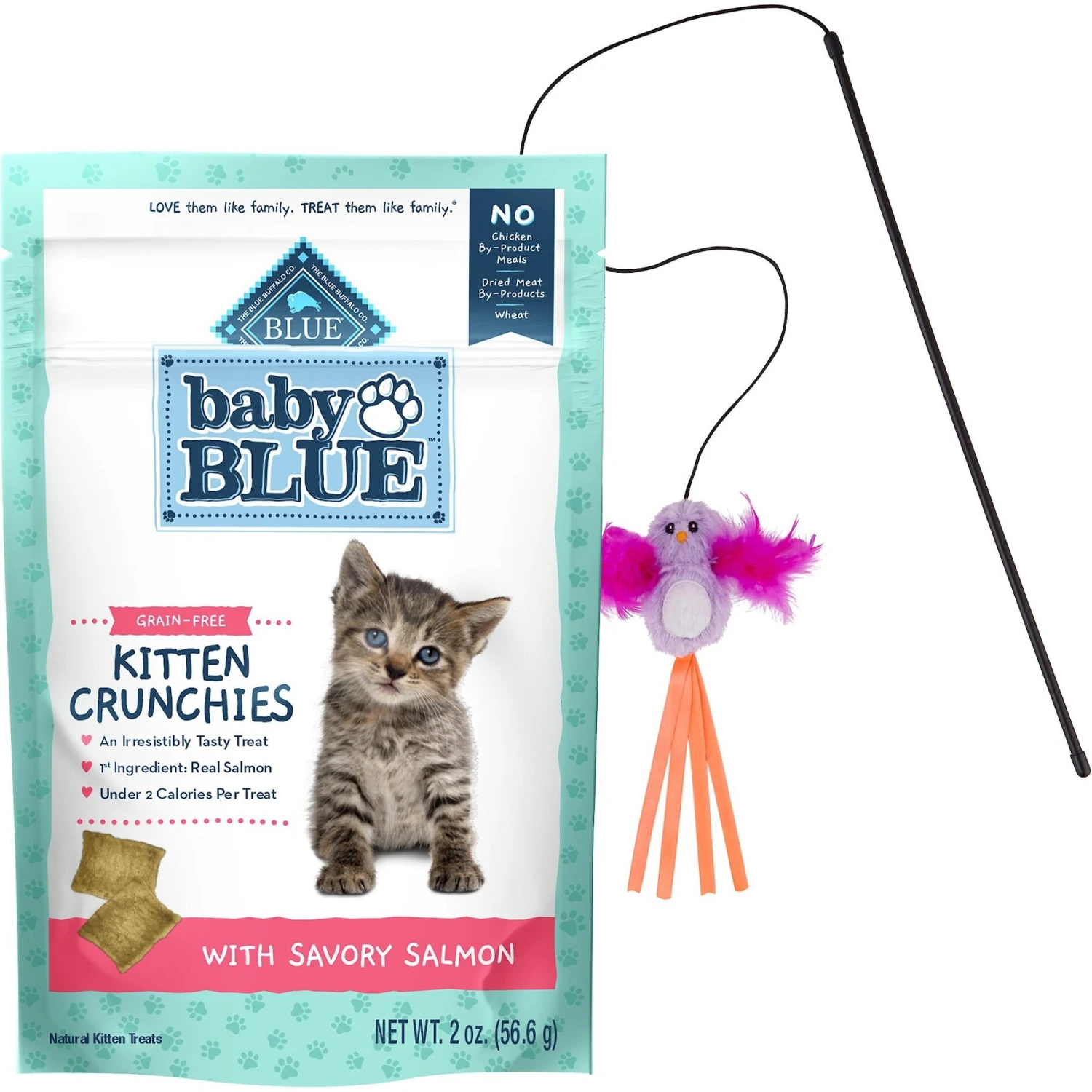 Blue Buffalo Baby Blue Savory Salmon Kitten Treats, 2-oz Bag & Frisco Bird With Feathers Teaser Wand Cat Toy With Catnip 3 Blue Buffalo Baby Blue Savory Salmon Kitten Treats, 2-oz Bag & Frisco Bird With Feathers Teaser Wand Cat Toy With Catnip